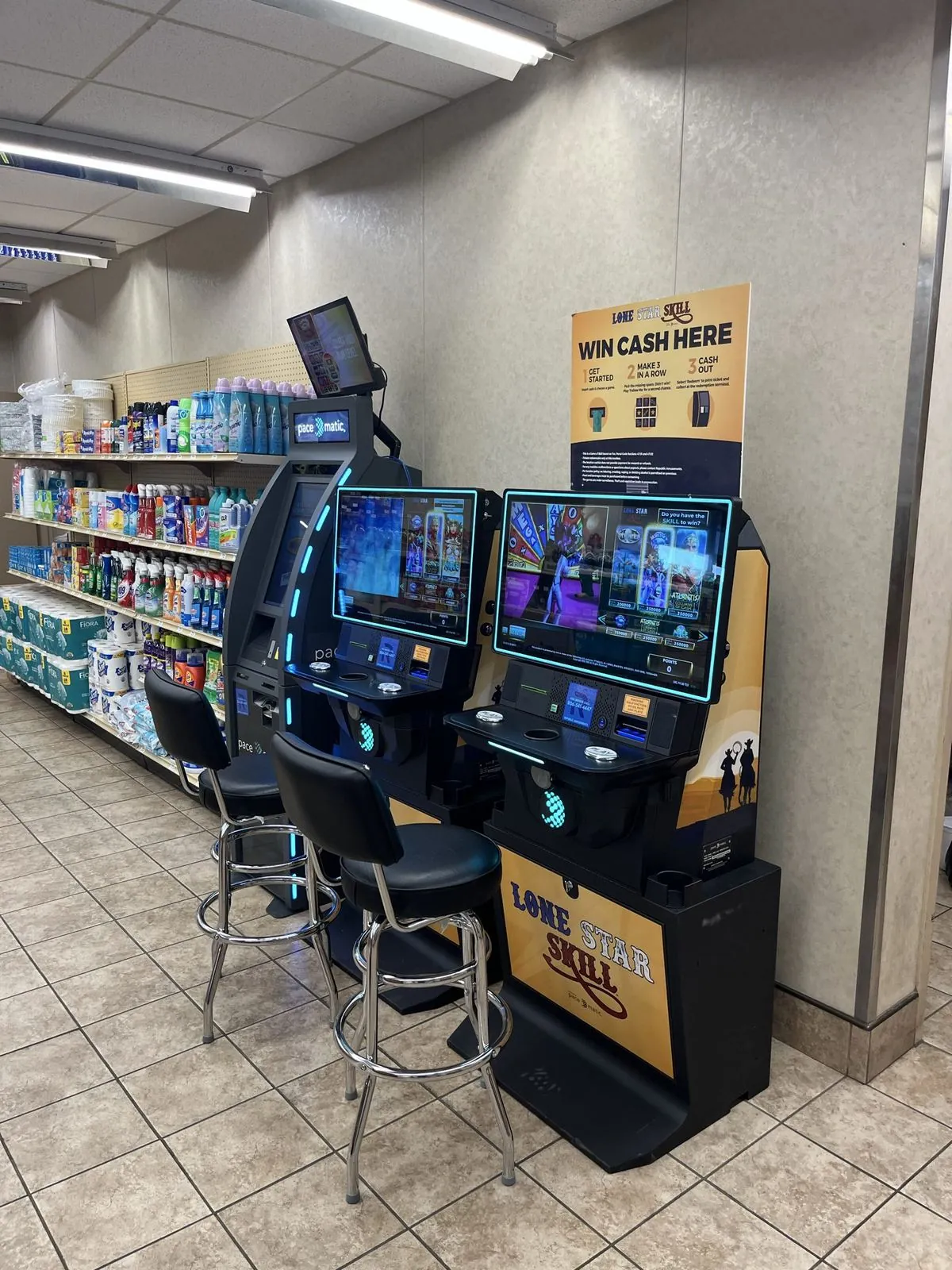Skill game terminals at the end of a convenience store aisle