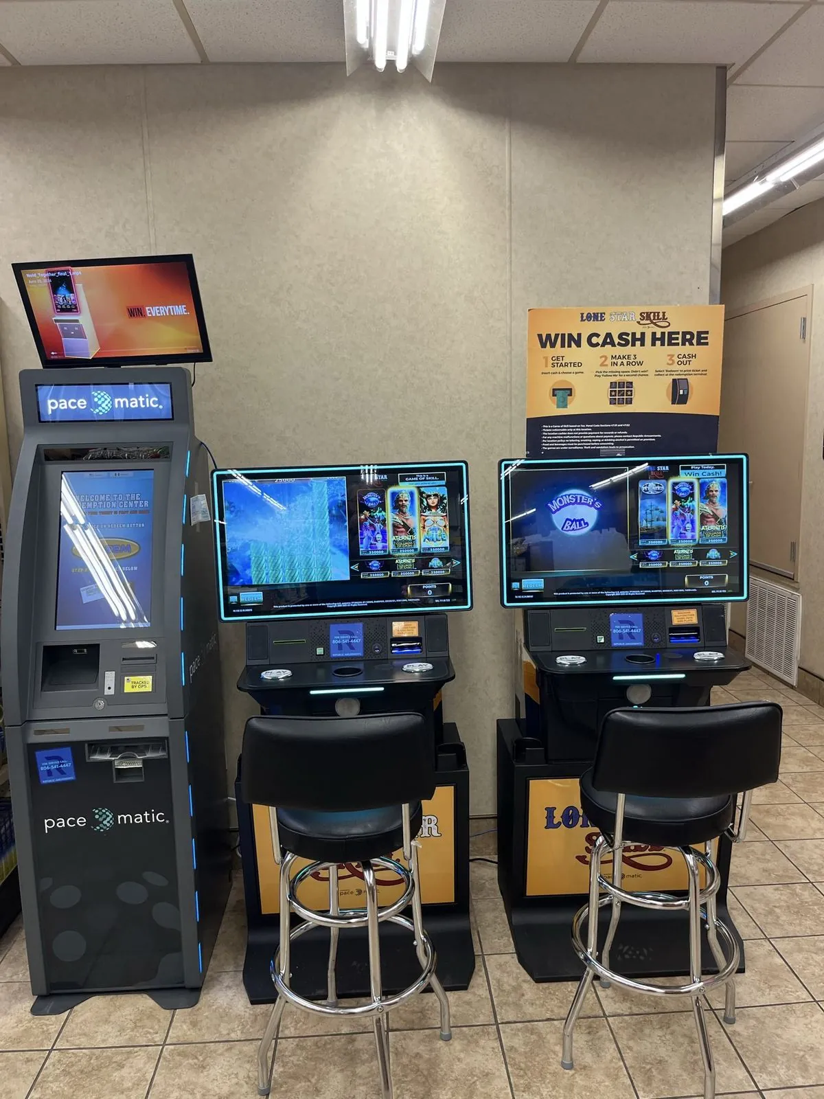 Skill game terminals alongside a ticket redemption terminal